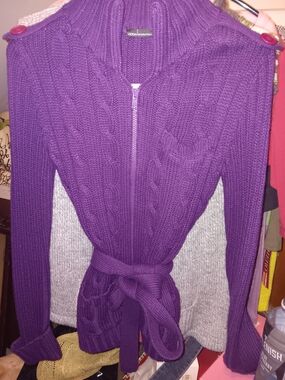 Moda International Purple Cable Knit Belted Cardigan